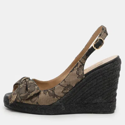 Pre-owned Valentino Garavani Black/beige Lace Bow Slingback Wedge Espadrille Sandals Size 36.5