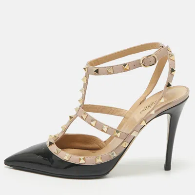 Pre-owned Valentino Garavani Black/beige Leather And Patent Leather Rockstud Pumps Size 39