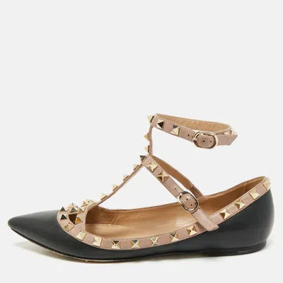Pre-owned Valentino Garavani Black/beige Leather Rockstud Ballet Flats Size 39.5