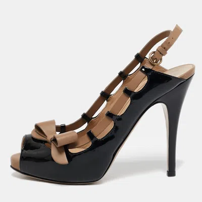Pre-owned Valentino Garavani Black/beige Patent Leather And Leather Bow Peep Toe Slingback Pumps Size 36.5