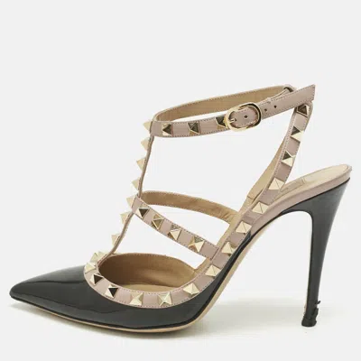 Pre-owned Valentino Garavani Black/beige Patent Leather And Leather Rockstud Ankle Strap Pumps Size 37