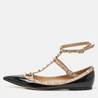 Pre-owned Valentino Garavani Black/beige Patent Leather Rockstud Ballet Flats Size 39.5
