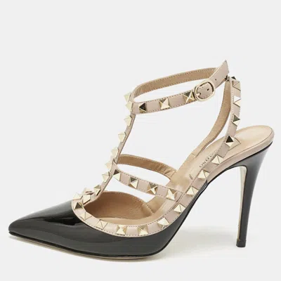 Pre-owned Valentino Garavani Black/beige Patent Leather Rockstud Caged Ankle Strap Pumps Size 38