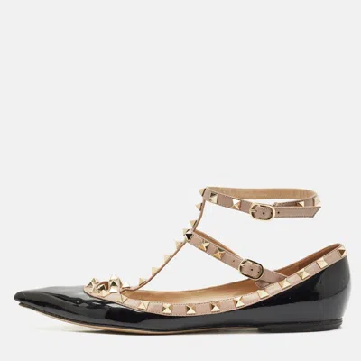 Pre-owned Valentino Garavani Black/beige Patent Leather Rockstud Caged Ballet Flats Size 41.5