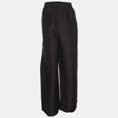 Pre-owned Valentino Black/brown Logo Print Silk Wide Leg Trousers Xl