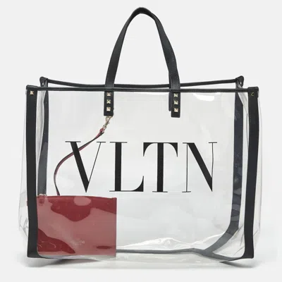 Pre-owned Valentino Garavani Black/clear Pvc And Leather Grande Vltn Plage Tote