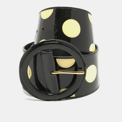Pre-owned Valentino Garavani Black/cream Polka Dot Patent Leather Round Buckle Belt 95cm