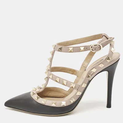Pre-owned Valentino Garavani Black/dusty Pink Leather Rockstud Caged Pumps Size 36