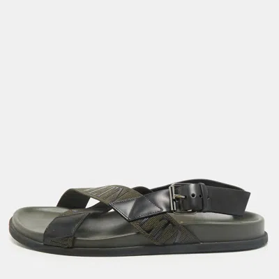 Pre-owned Valentino Garavani Black/green Fabric And Leather Vltn Print Cross Strap Sandals Size 39
