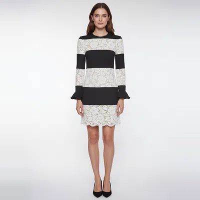 Pre-owned Valentino Black/off White Crepe & Lace Stripe Long Sleeve Mini Dress S