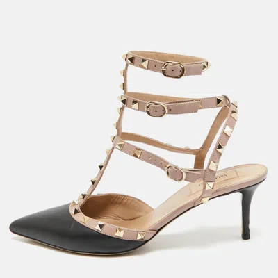 Pre-owned Valentino Garavani Black/pink Leather Rockstud Ankle Strap Pumps Size 41