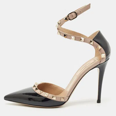 Pre-owned Valentino Garavani Black/pink Patent And Leather Rockstud D'orsay Pumps Size 37.5