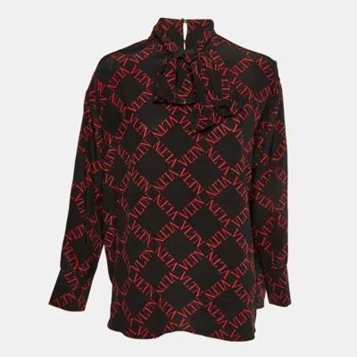 Pre-owned Valentino Black/red Vltn Print Silk Blend Tie-up Neck Detail Blouse L