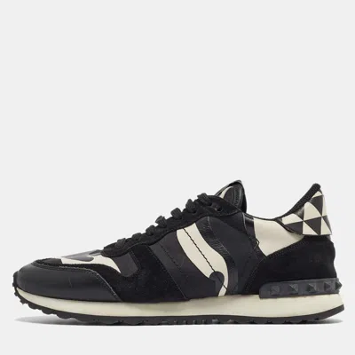 Pre-owned Valentino Garavani Black/white Camo Print Leather And Canvas Rockrunner Trainers Size 39.5