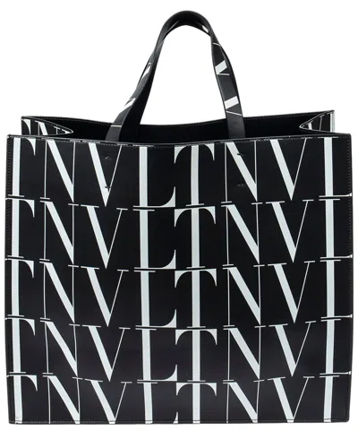 Pre-owned Valentino Garavani Valentino Black/white Logo Print Smooth Leather Large Vltn Times Tote (authentic Pre-loved)