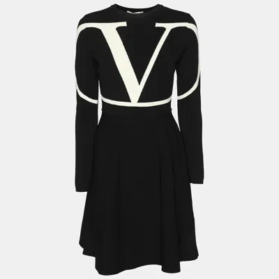 Pre-owned Valentino Black/white Stretch Crepe V Logo Midi Dress Xs