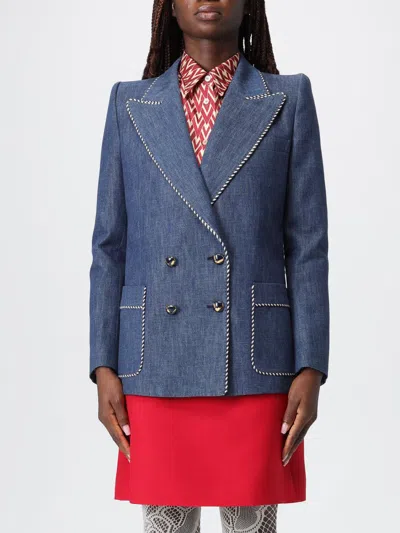 Valentino Double-breasted Chambray Blazer In Blue