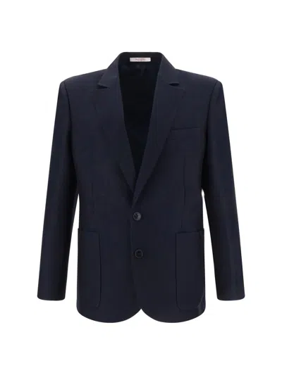 Valentino Wool And Silk Single-breasted Jacket With Rubberised V Detail In Blue