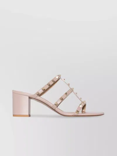 Valentino Garavani Block Heel Studded Leather Mules In Neutral