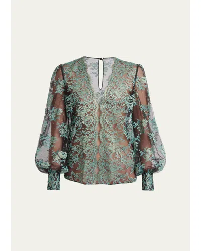 Valentino Blouson-sleeve Scalloped Sheer Lace Top In Multi