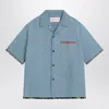 Valentino Garavani Denim Bowling Shirt With Floral Trim In Blue