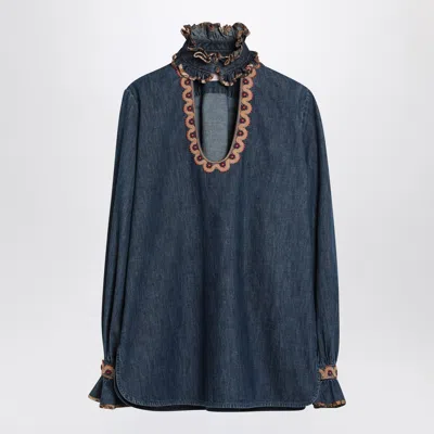 Valentino Blue Denim Blouse With Embroidered Edges