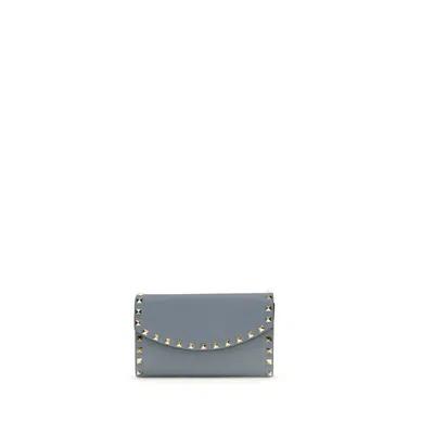 Valentino Garavani Blue Calf Leather Bos Taurus Wallet In Gray