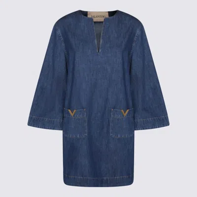 Valentino Vlogo Signature Denim Dress Three Quarter Sleeves In Blue