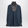 Valentino Womens Embroidered Frilled Cotton-denim Shirt Medium Blue Denim
