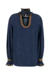 Valentino Garavani Chambray Denim Embroidered Top In Blue