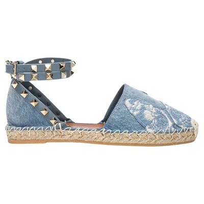 Pre-owned Valentino Garavani Valentino Blue Denim Camubutterfly Ankle Strap Espadrilles Shoes 38