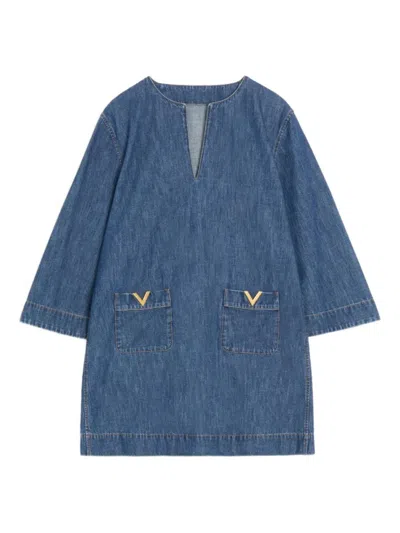Valentino Vlogo Signature Denim Dress Three Quarter Sleeves In Blue