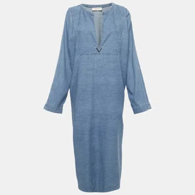 Pre-owned Valentino Blue Denim V Logo Maxi Dress L