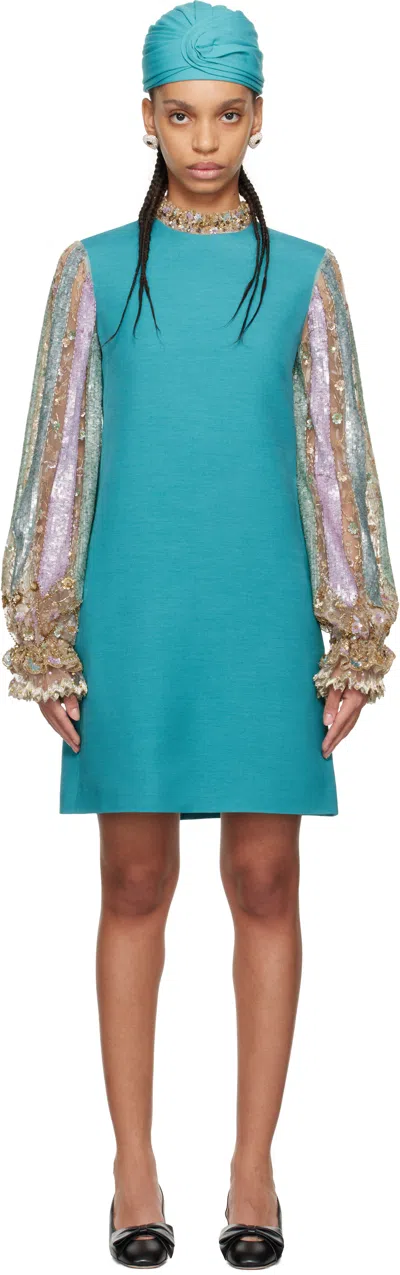Valentino Blue Embroidered Crepe Couture Minidress In R9a Celestial Blue/m