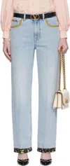 Valentino Blue Embroidered Denim Jeans In Blue