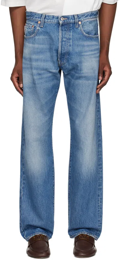 Valentino Vlogo Signature Cropped Faded Jeans In 558 Medum Blue Denim