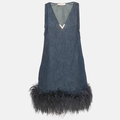 Pre-owned Valentino Blue Feather Trim Denim Shift Dress S