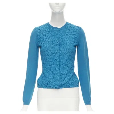 Pre-owned Valentino Blue Floral Lace Front Wool Silk Cashmere Cardigan Sweater S