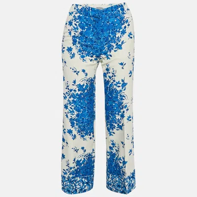 Pre-owned Valentino Blue Floral Print Wool Blend Wide-leg Trousers S