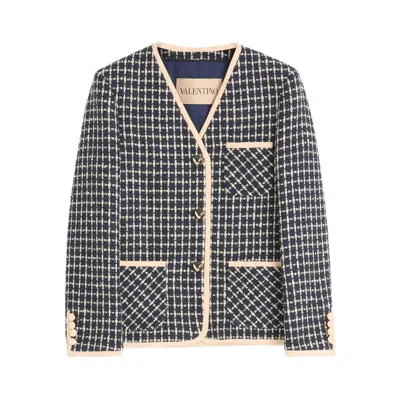 Valentino Boucle Wool Blend Jacket With Contrast Trim In Blue