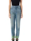 Valentino Medium Blue Jeans With Green Embroidery, Straight Leg, High Waist In Dark Blue