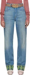 Valentino Medium Blue Jeans With Green Embroidery, Straight Leg, High Waist In 558 Medium Blue Deni