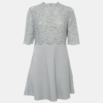 Pre-owned Valentino Blue Lace And Crepe Zip Up Mini Dress L