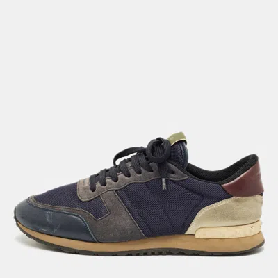 Pre-owned Valentino Garavani Blue Leather And Mesh Rockrunner Lace Up Sneakers Size 42