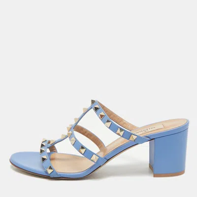 Pre-owned Valentino Garavani Blue Leather Rockstud Slide Sandals Size 40