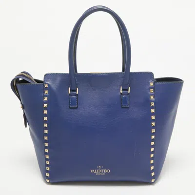 Pre-owned Valentino Garavani Blue Leather Rockstud Trapeze Tote