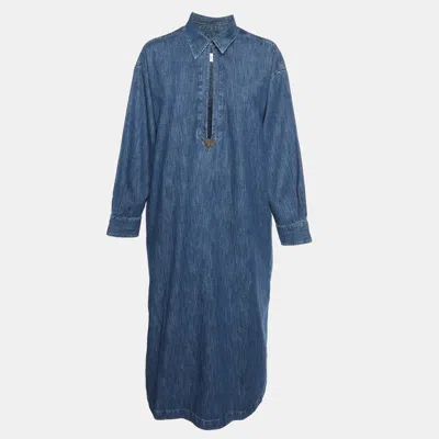 Pre-owned Valentino Blue Logo Plaque Embellished Denim Kaftan Maxi Dress S