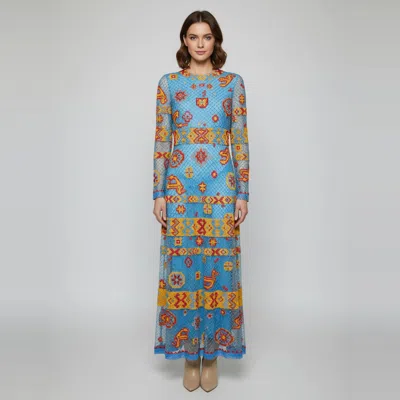 Pre-owned Valentino Blue Multicolored Bead Embellished Tribal Aztec Gown L