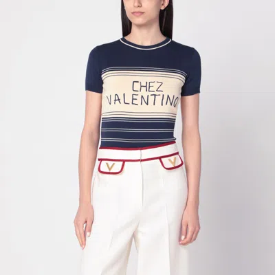 VALENTINO BLUE RIBBED TOP WITH CHEZ VALENTINO EMBROIDERY