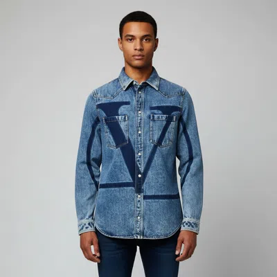 Pre-owned Valentino Blue Signature V Logo Print Denim Button-up Shirt M